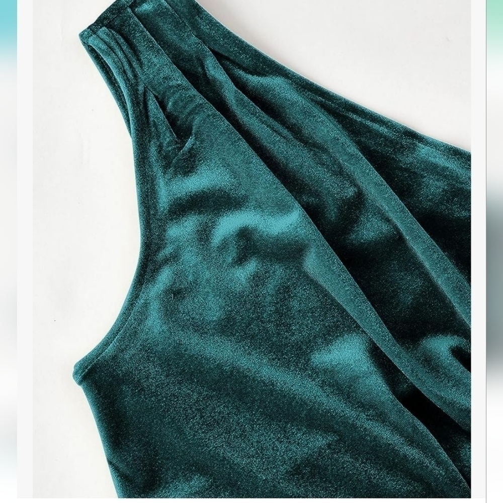 Merokeety Women's Emerald One Shoulder Velvet Wrap Slit Midi Dress NWT Size L - Picture 8 of 15